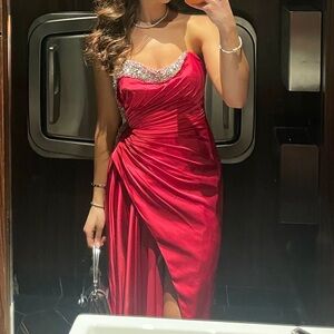 Mac Duggal Strapless Rhinestone-Trim Hot Pink Evening Gown